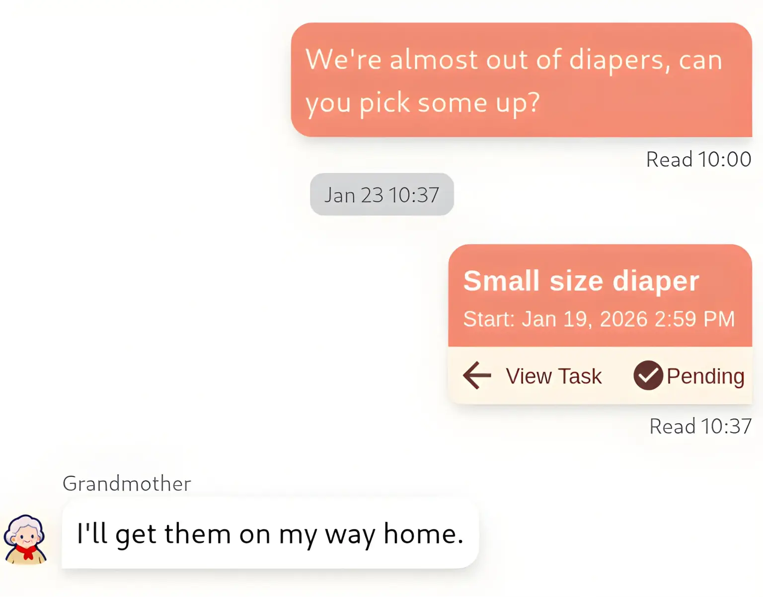 chat screenshot showing a conversation about baby care tasks