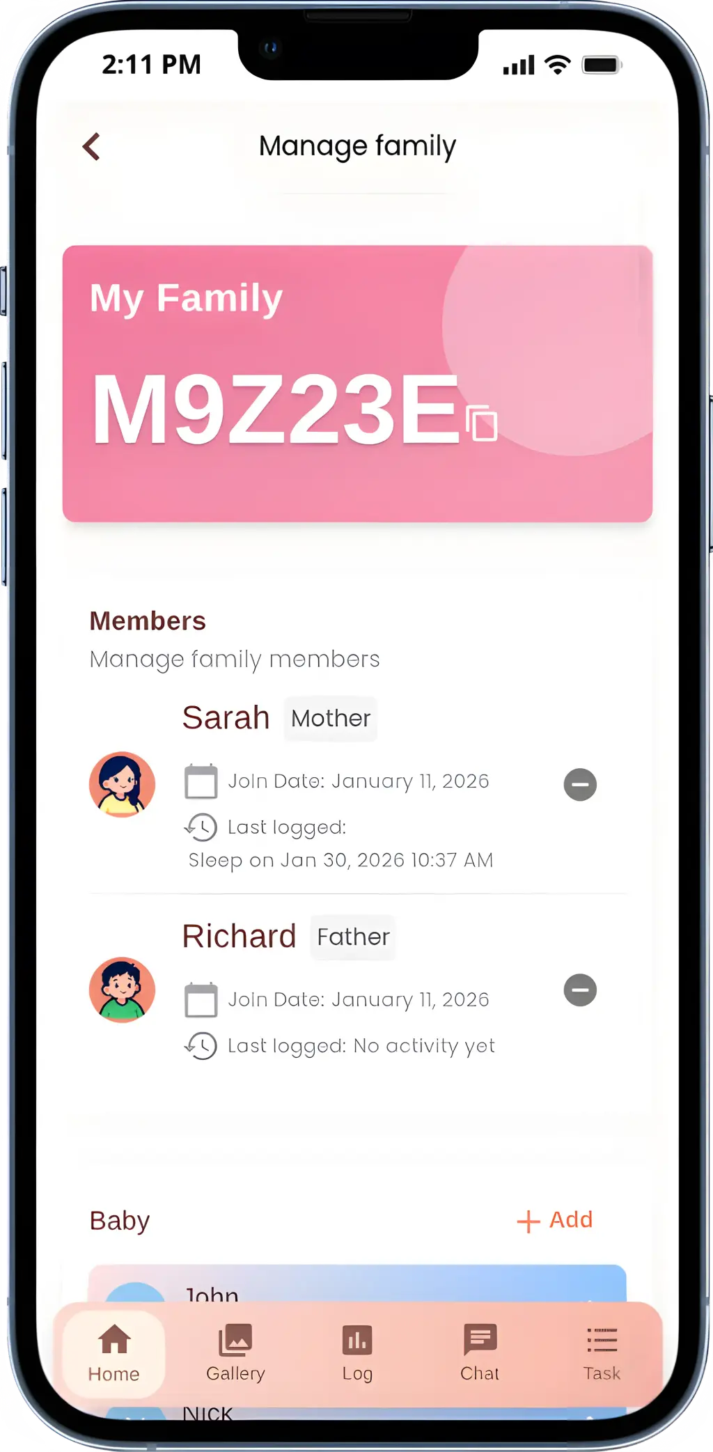 screenshot of the family page showing multiple family members
