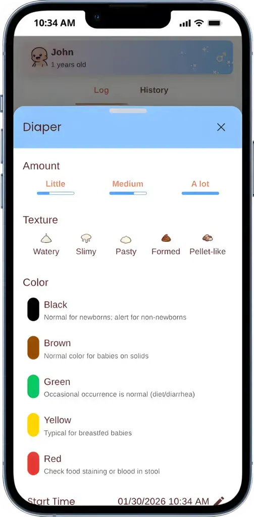 screenshot of the logging page showing a diaper log entry