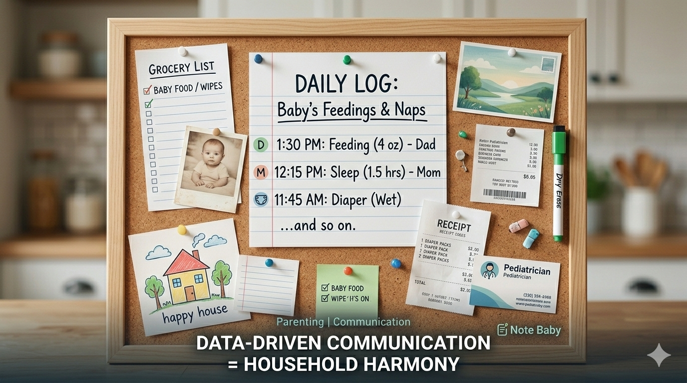 A corkboard in a kitchen setting featuring a 'Daily Log' of baby feedings, naps, and diaper changes. It includes detailed notes like '1:30 PM: Feeding (4 oz) - Dad' and '12:15 PM: Sleep (1.5 hrs) - Mom,' surrounded by a grocery list, baby photos, and a pediatrician’s card. The bottom text reads 'DATA-DRIVEN COMMUNICATION = HOUSEHOLD HARMONY' with a small 'Note Baby' logo in the corner.