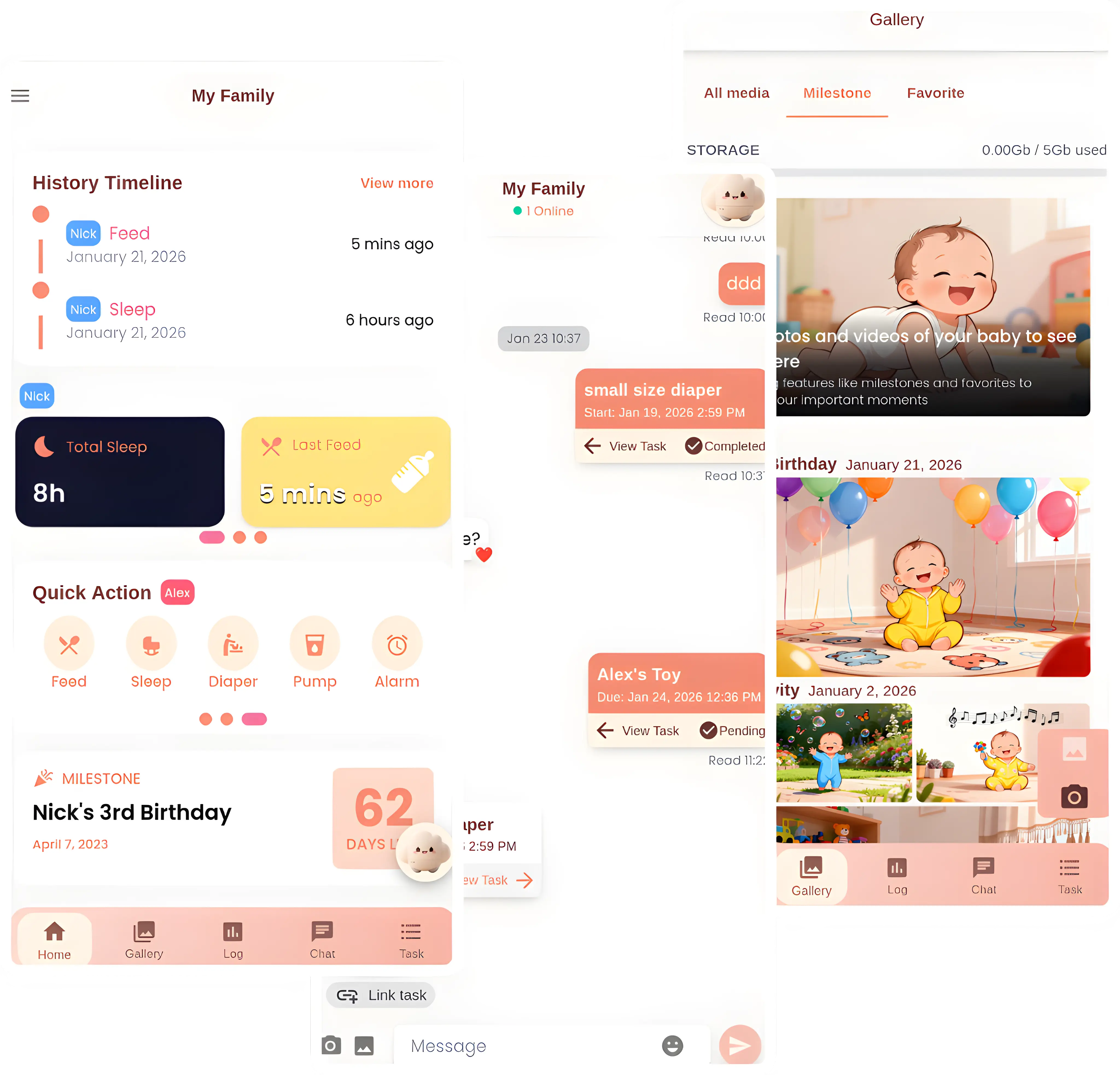 app screenshot, including home page, gallery page, and chat page