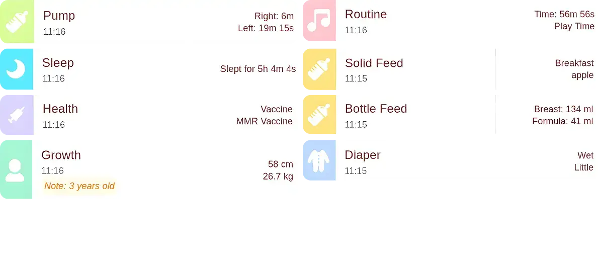 log list screenshot showing feed, diaper, sleep, routine, health, and growth logs history